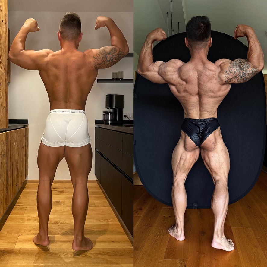 Andreas in einer Rückenpose: links sein Stand vor zwei Jahren, rechts sein heutiger Stand.