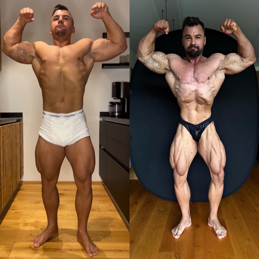 Andreas in einer Frontpose: links sein Stand vor zwei Jahren, rechts sein heutiger Stand.